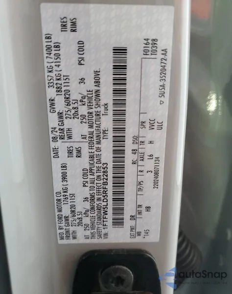 2024 Ford F150 Lariat from USA, damaged, VIN 1FTFW5LD5RFB22853